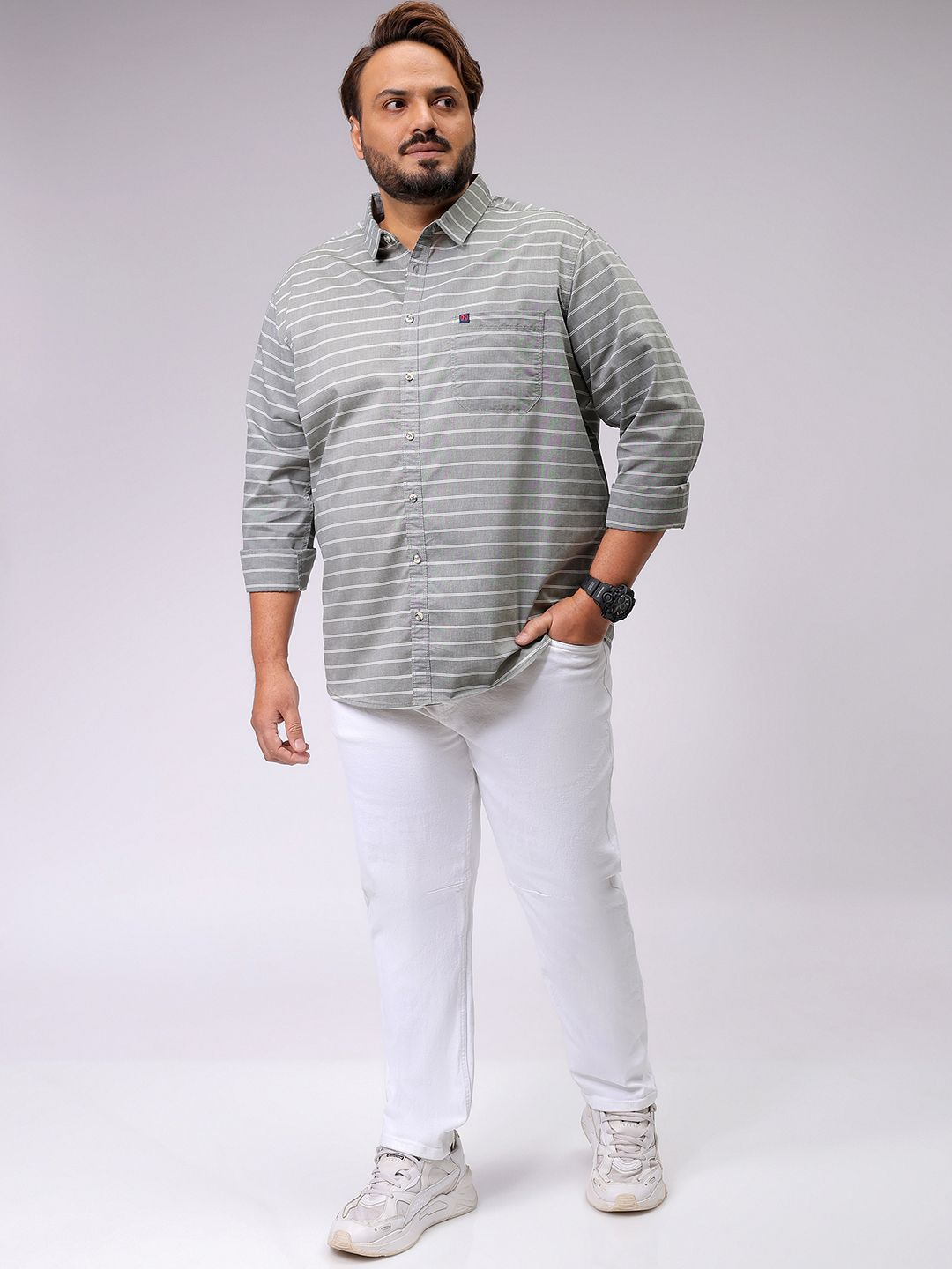 Men's Olive Regular Fit Striped Casual Shirt