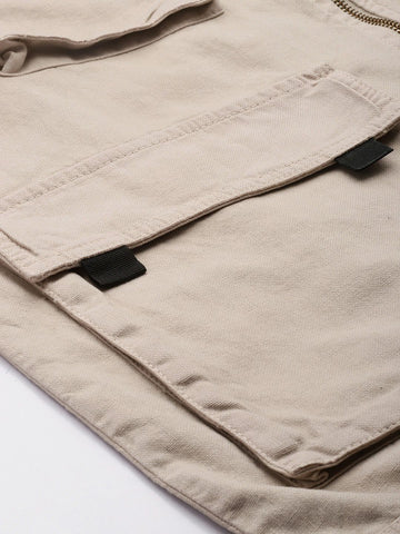 Men's Khaki Regular Fit Solid Utility Jacket