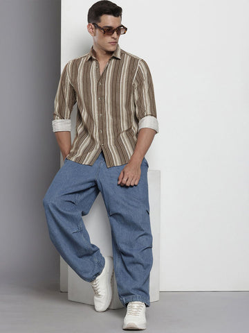 Men's Khaki Regular Fit Printed Casual Shirt
