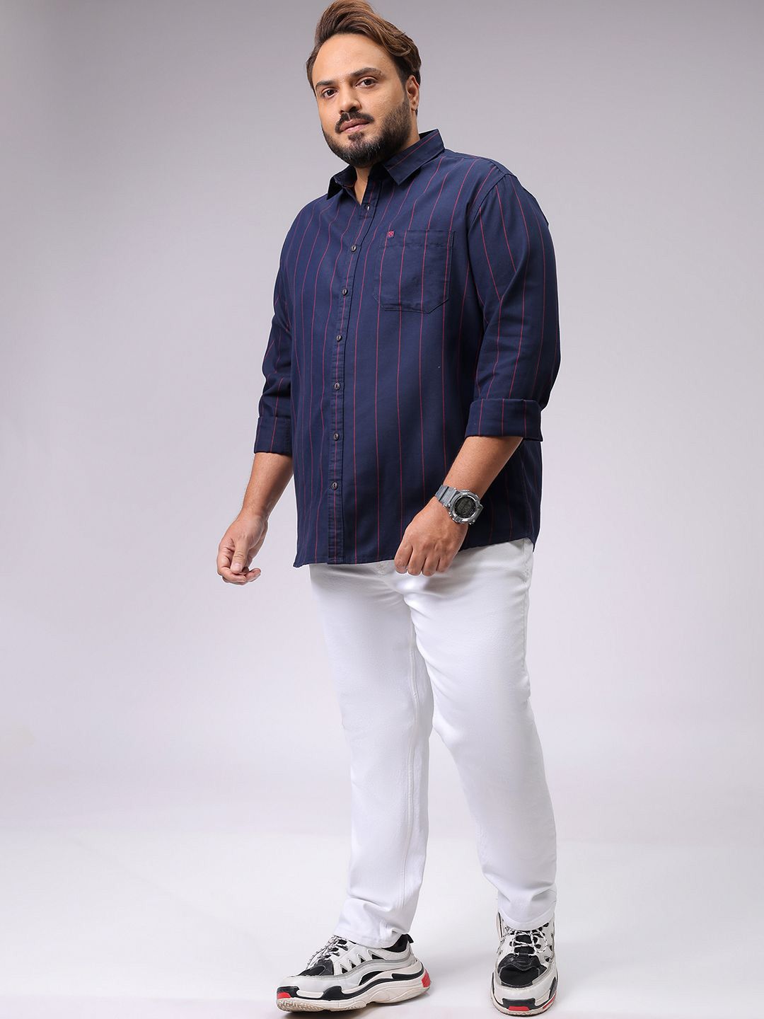 Men's Navy Regular Fit Striped Casual Shirt