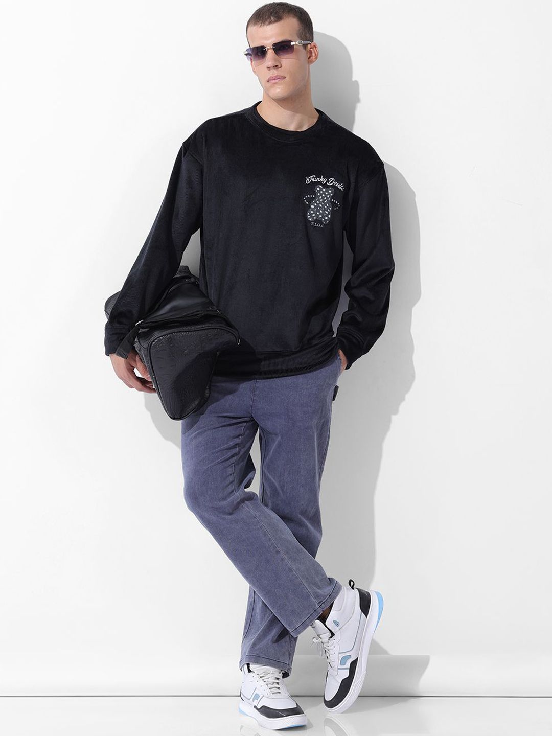 Men's Black Oversized Fit Textured Casual Sweatshirt