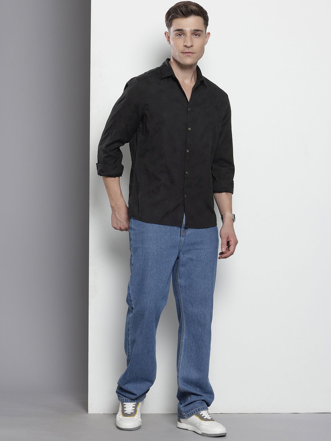 Men's Black Regular Fit Textured Textured Shirt