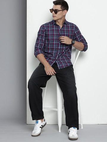 Men's Blue Slim Fit Checked Casual Shirt