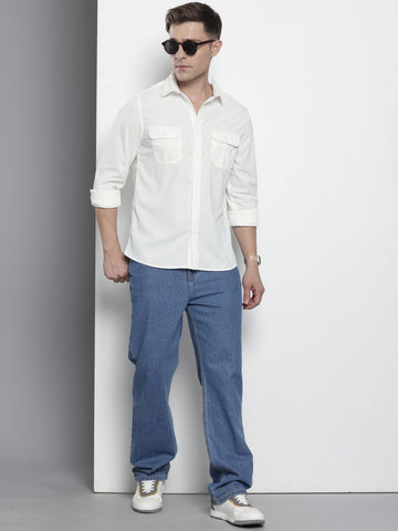 Men's White Regular Fit Solid Casual Shirt
