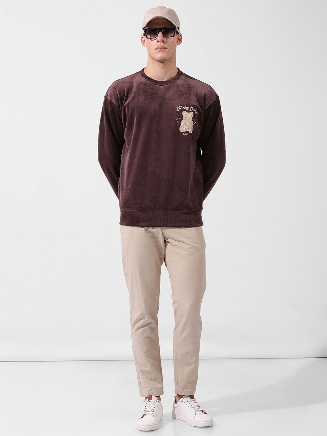 Men's Brown Oversized Fit Textured Casual Sweatshirt