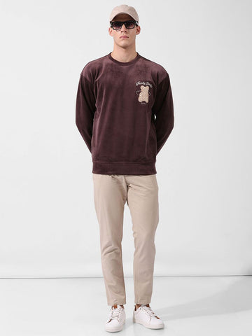 Men's Brown Oversized Fit Textured Casual Sweatshirt
