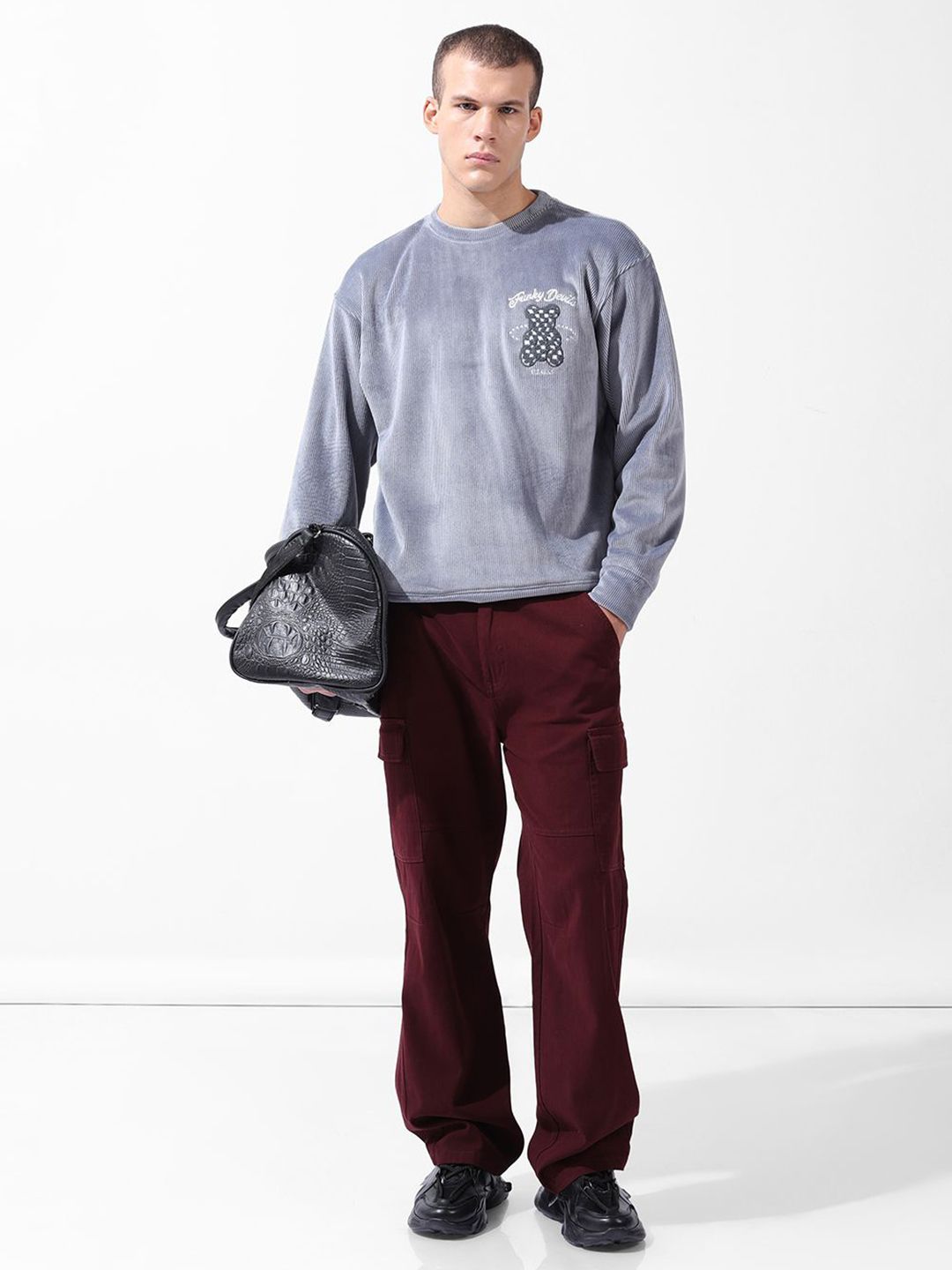 Men's Grey Oversized Fit Textured Casual Sweatshirt
