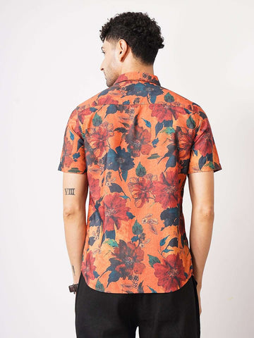 Men's Orange Slim Fit Printed Casual Shirt