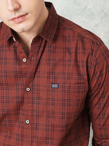 Men's Brown Slim Fit Checkered Casual Shirt