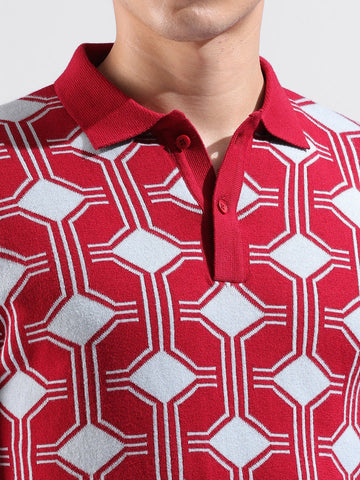 Men's Red Slim Fit Graphic Printed Flat Knit T-Shirt