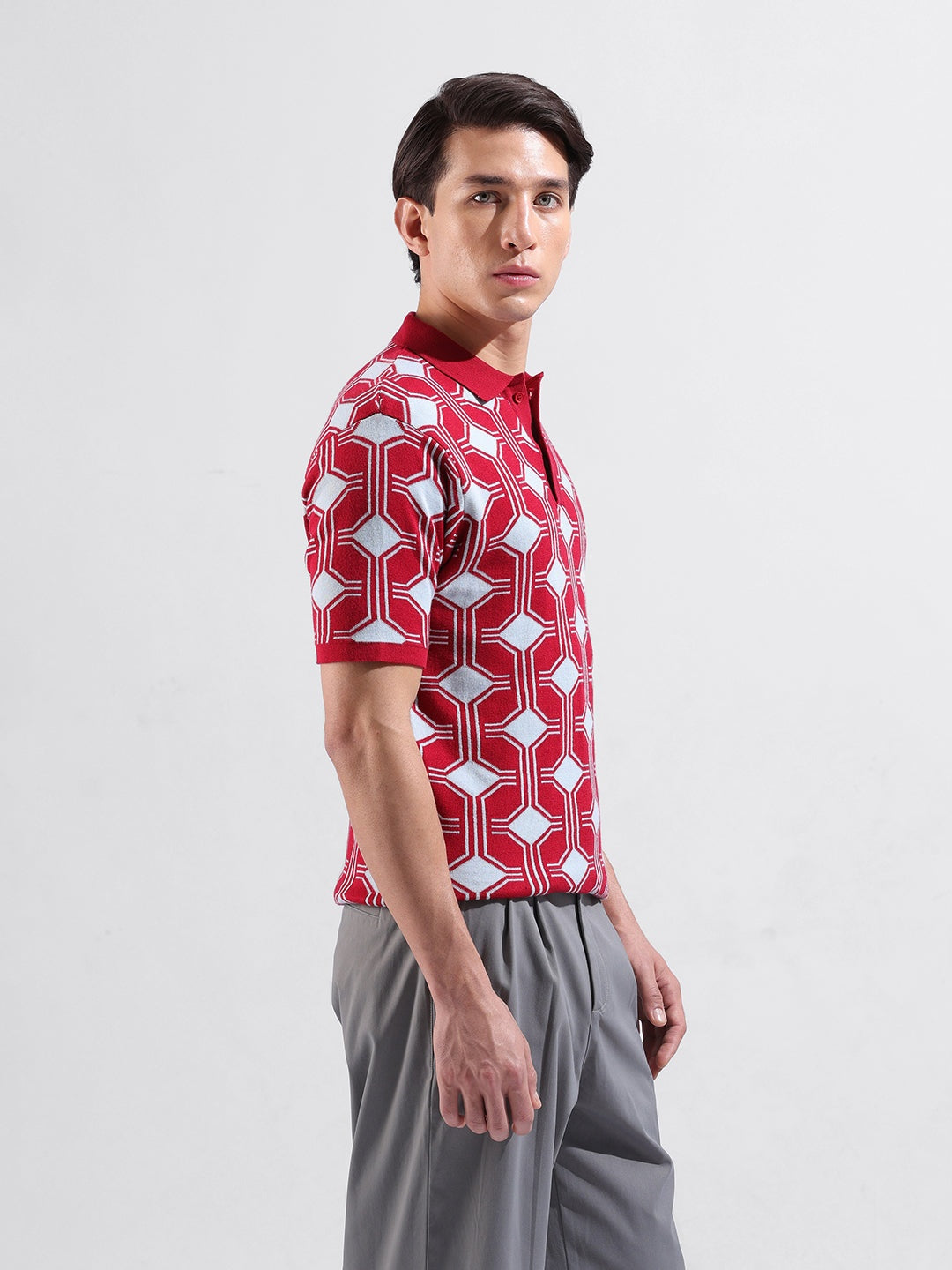 Men's Red Slim Fit Graphic Printed Flat Knit T-Shirt