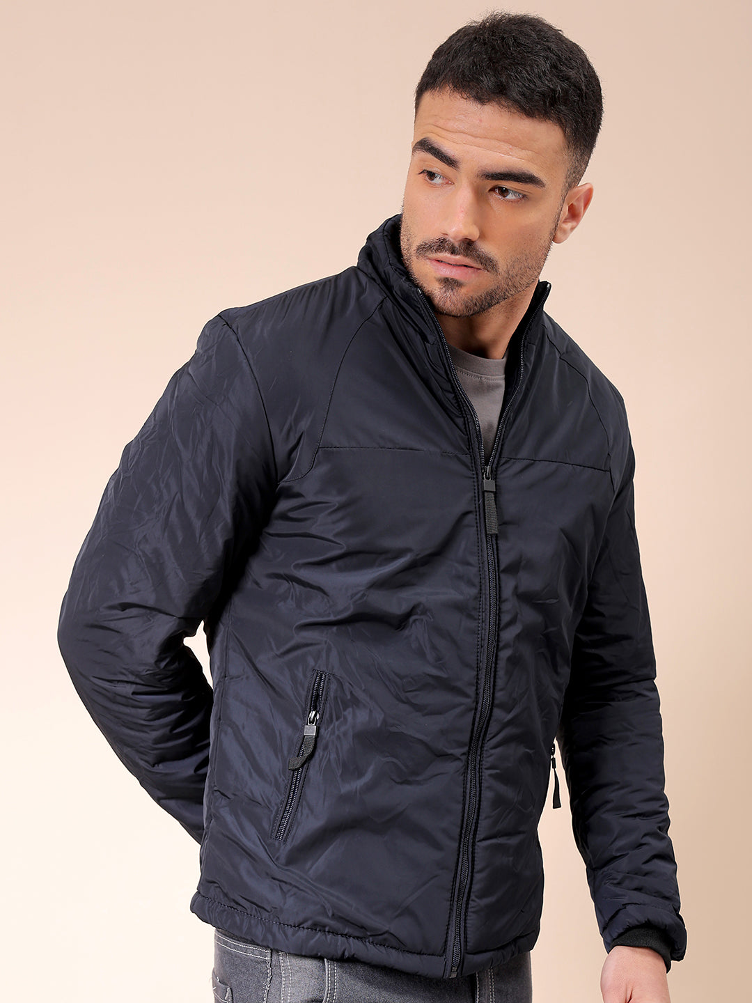 Men's Navy Slim Fit Solid Casual Jackets