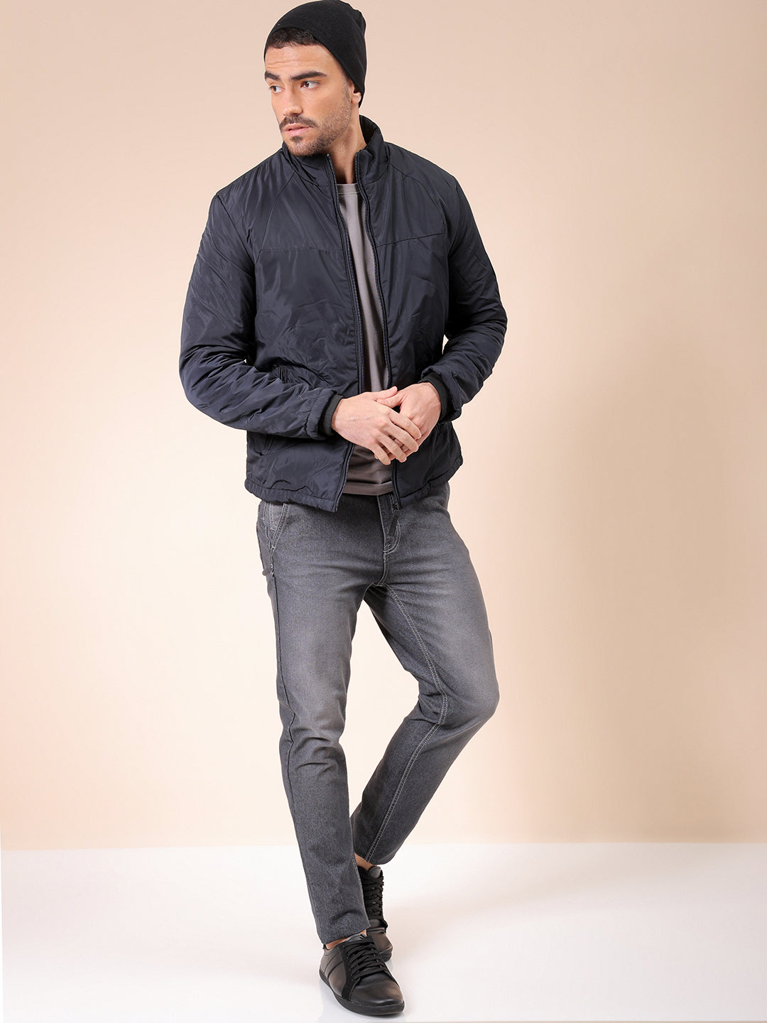 Men's Navy Slim Fit Solid Casual Jackets