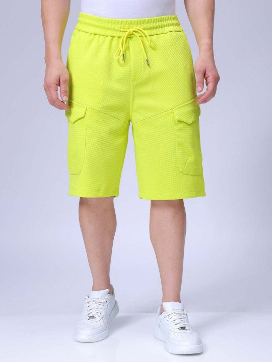 Men's Cyber Lime Relaxed Fit Textured Utility Shorts