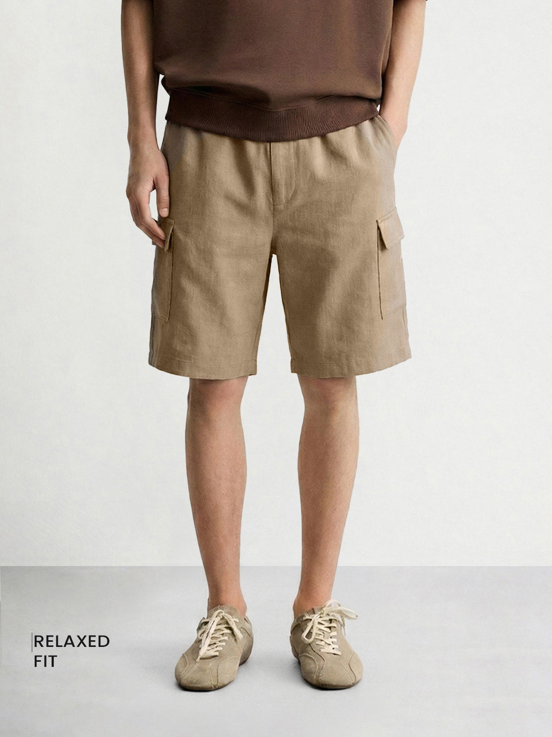 Men's Khaki Relaxed Fit Solid Resort Wear Shorts