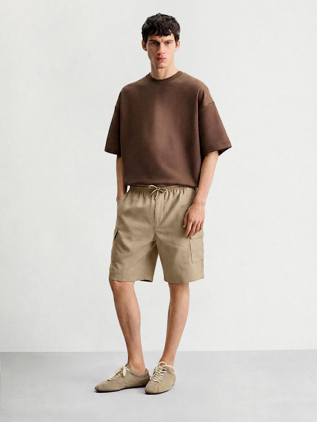 Men's Khaki Relaxed Fit Solid Resort Wear Shorts