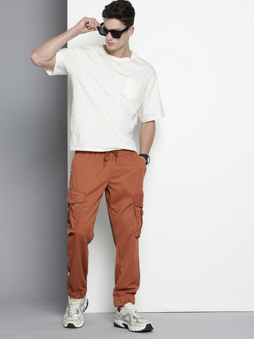 Men's Brown Relaxed Fit Textured Cargo Joggers
