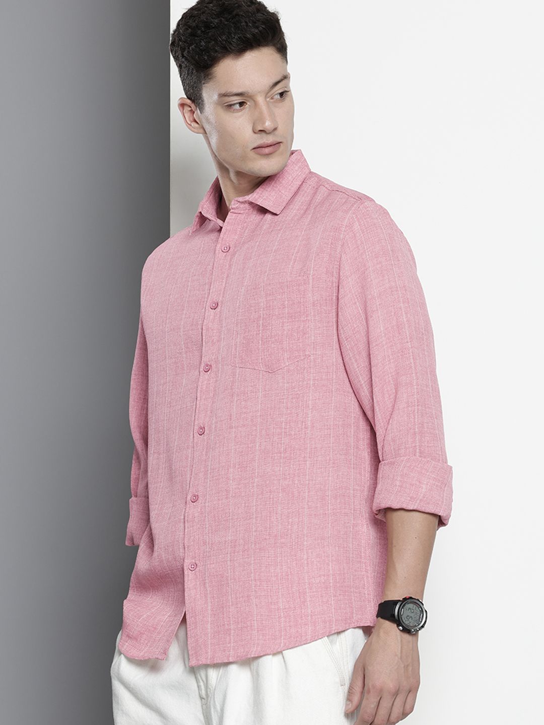 Men's Pink Slim Fit Striped Casual Shirt