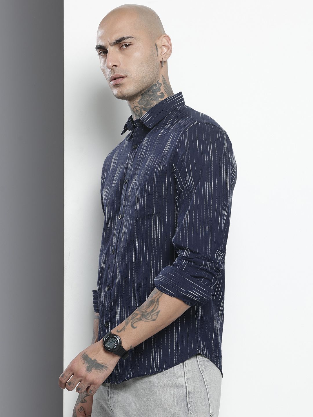 Men's Navy Blue Slim Fit Striped Casual Shirt