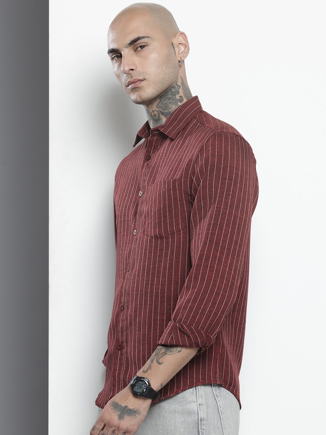Men's Maroon Slim Fit Striped Casual Shirt