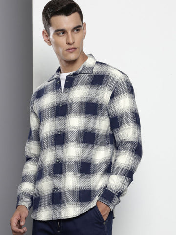 Men's Navy Blue Relaxed Fit Textured Casual Shirt
