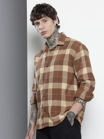 Men's Brown Relaxed Fit Checked Textured Shirt
