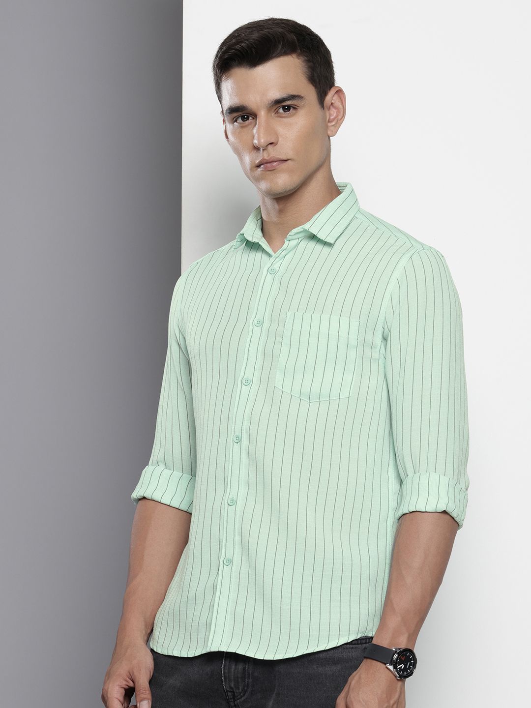 Men's Green Slim Fit Striped Casual Shirt