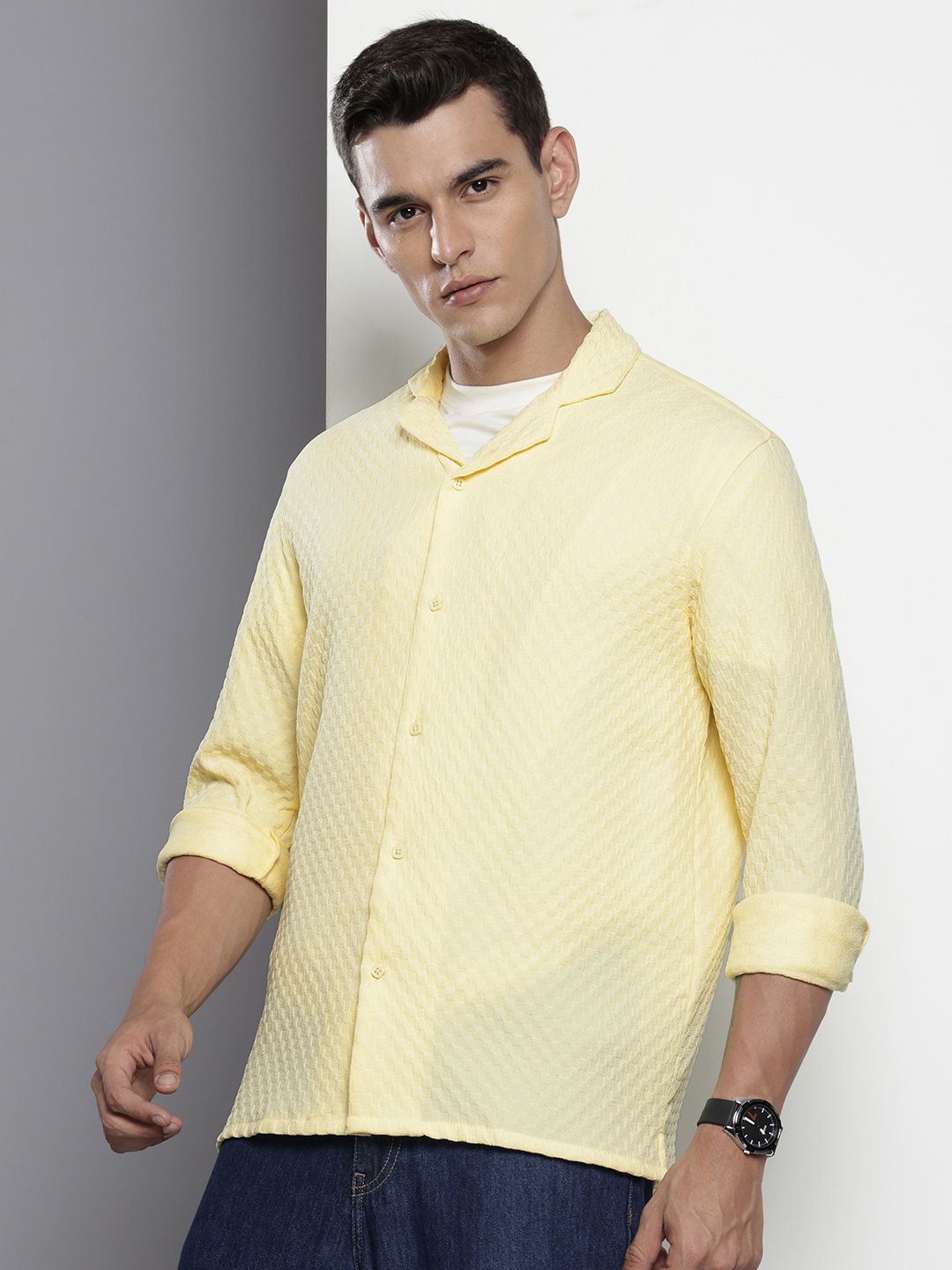 Men's Yellow Relaxed Fit Solid Textured Shirt