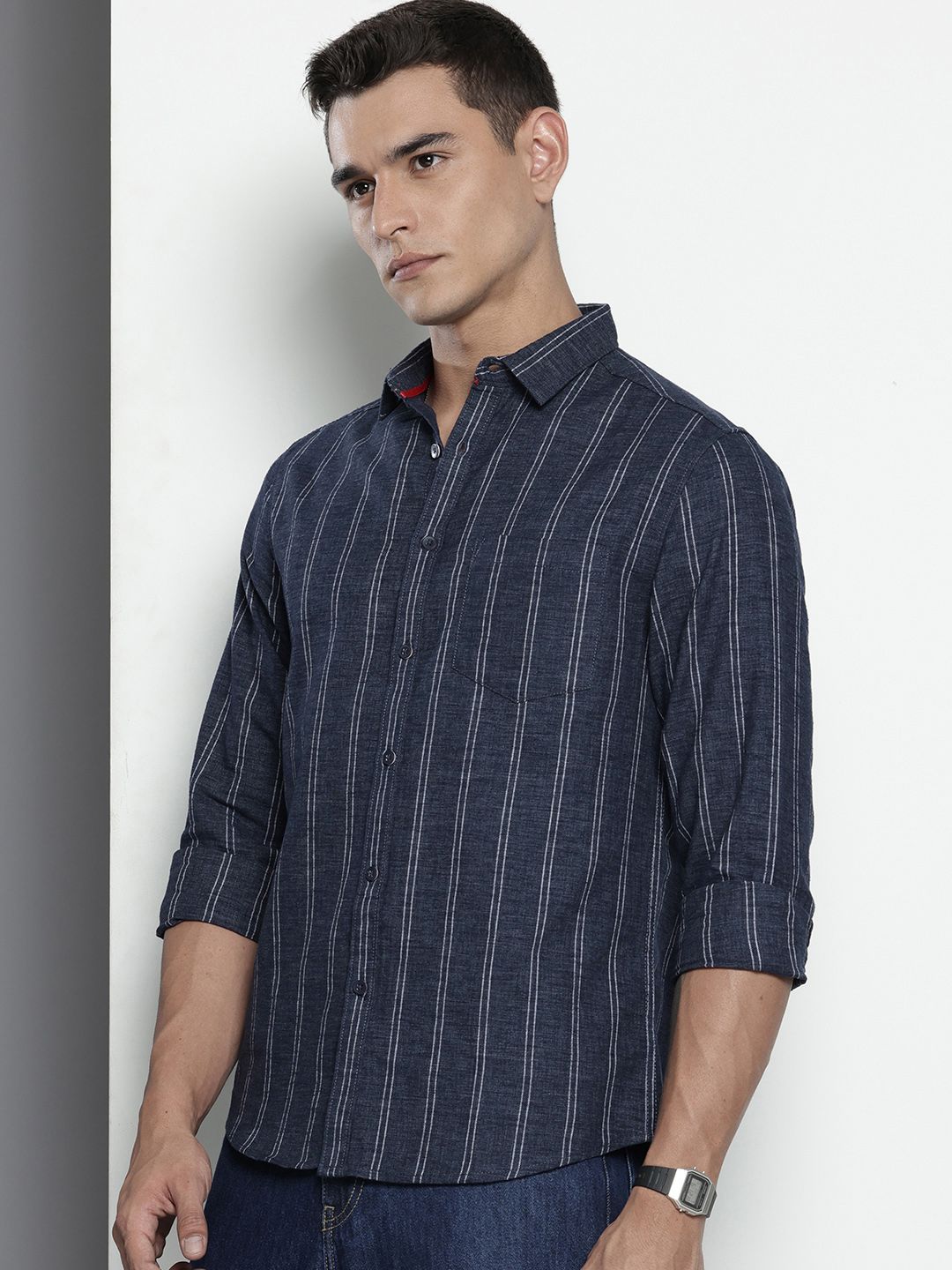Men's Navy Blue Slim Fit Striped Casual Shirt