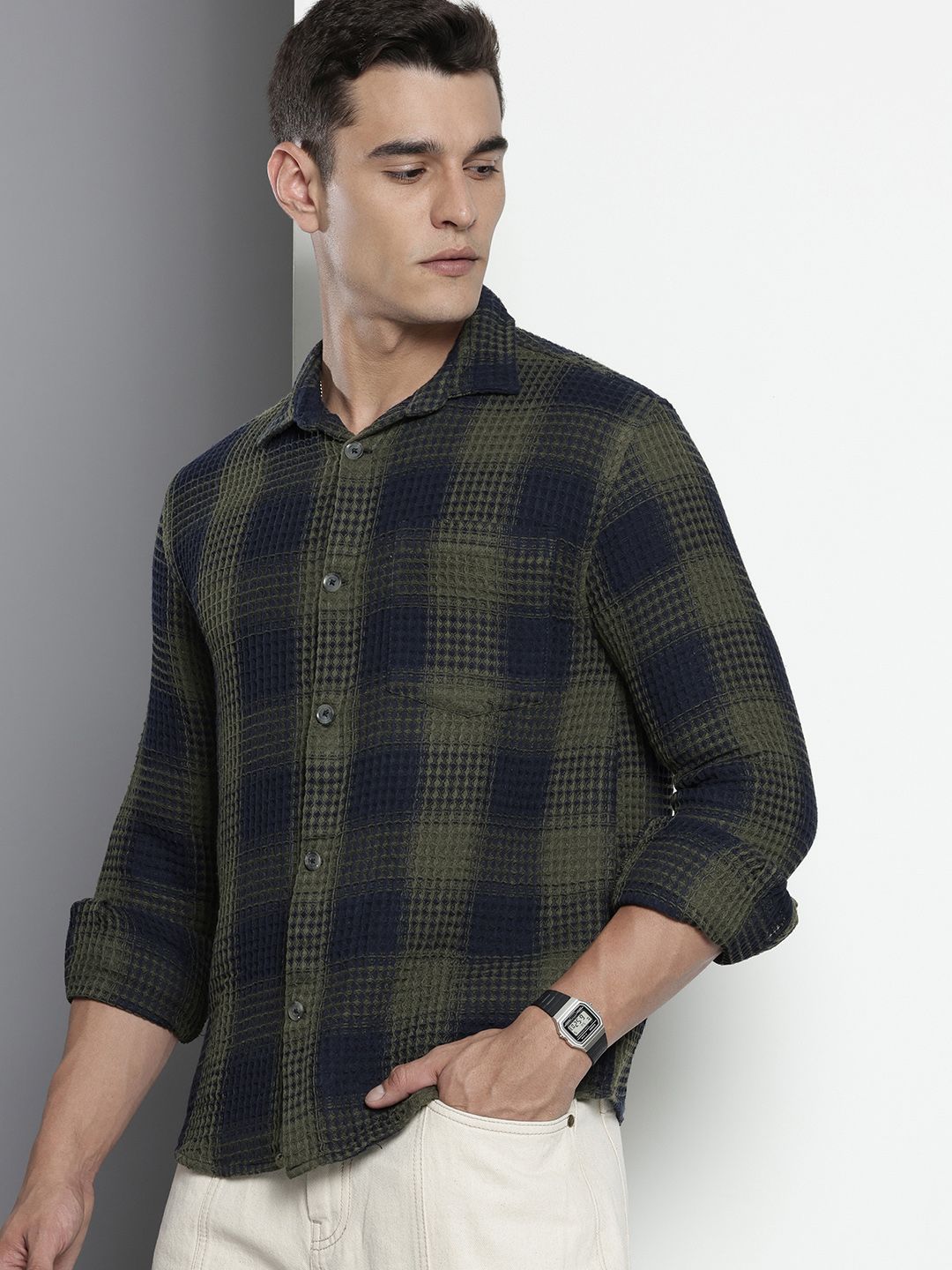 Men's Olive Relaxed Fit Textured Casual Shirt