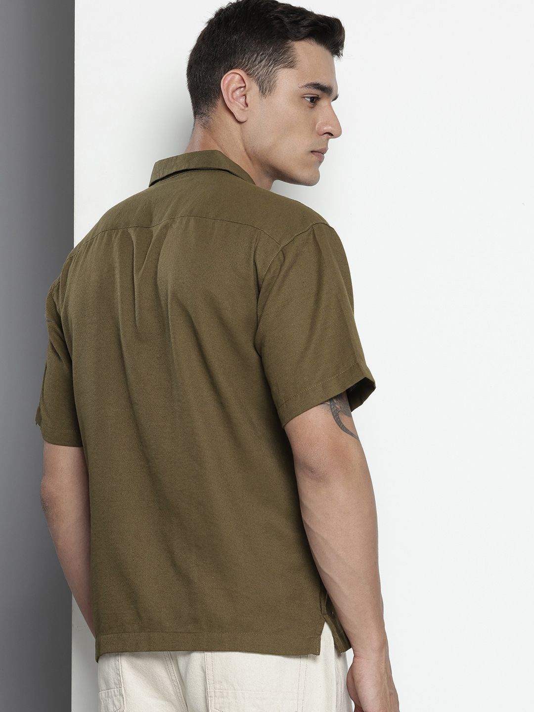 Men's Olive Relaxed Fit Solid Resort Wear Shirt