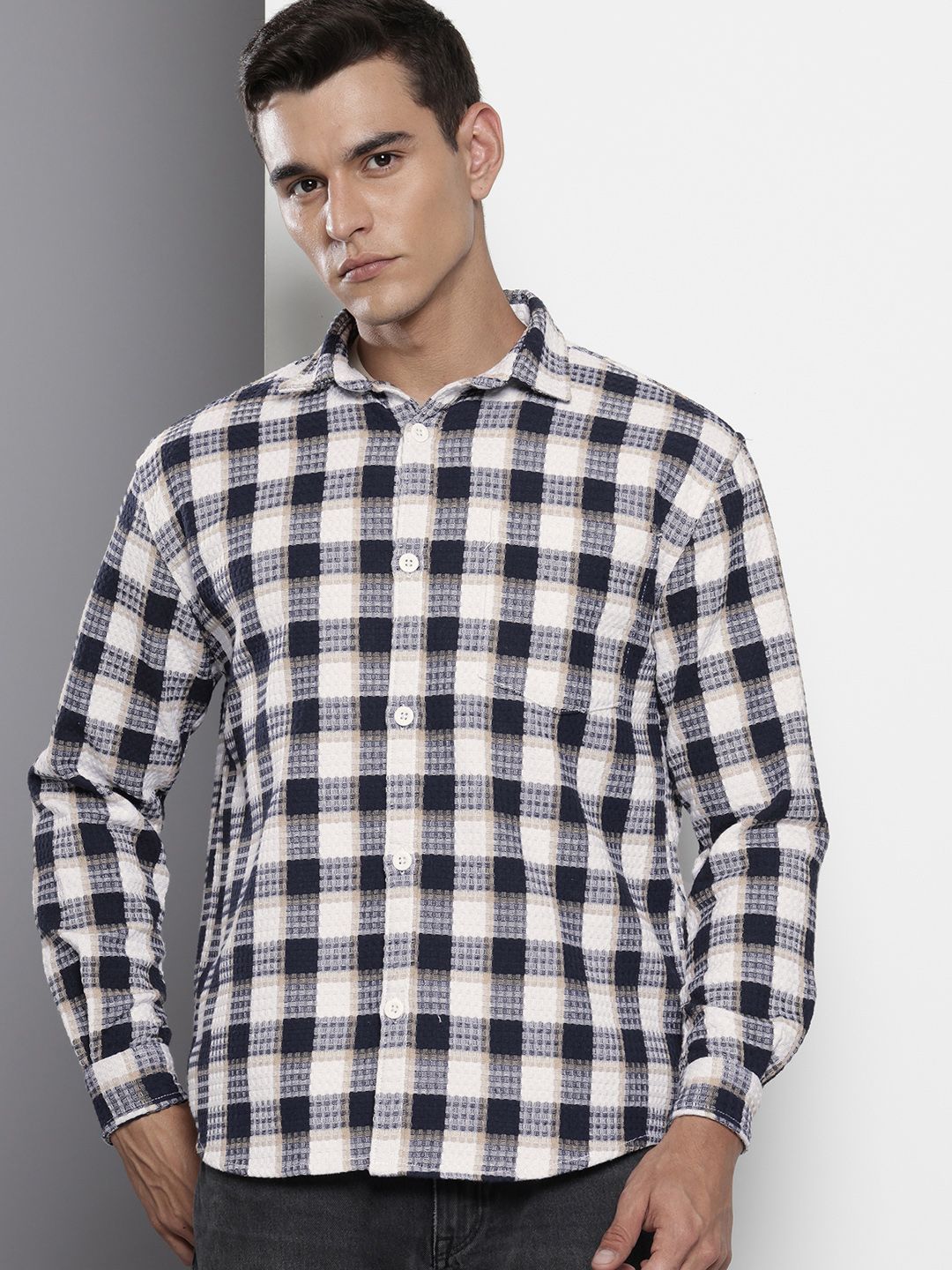 Men's Navy Blue Relaxed Fit Checked Resort Wear Shirt