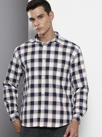 Men's Navy Blue Relaxed Fit Checked Textured Shirt