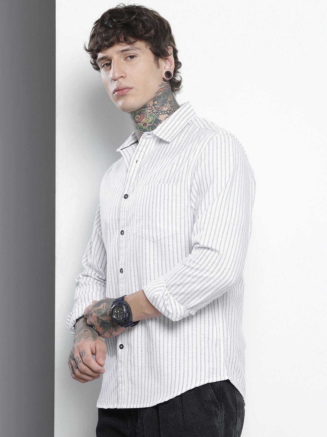 Men's White Slim Fit Striped Casual Shirt
