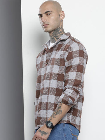 Men's Brown Relaxed Fit Checked Textured Shirt