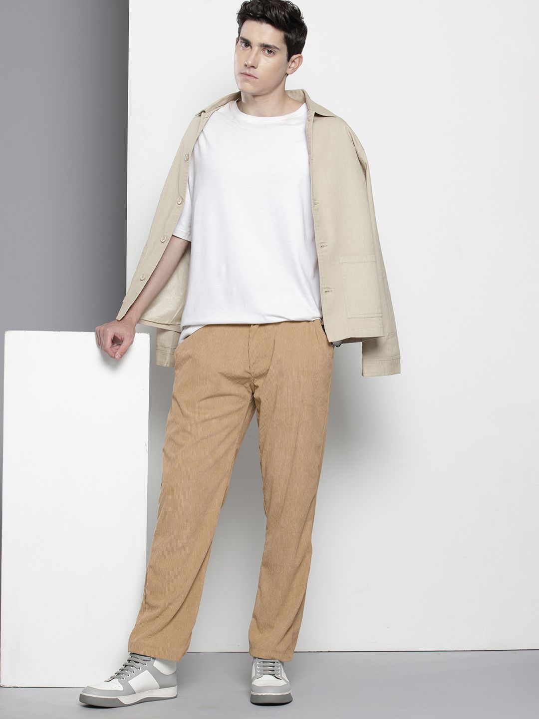 Men's Light Khaki Regular Fit Textured Casual Trouser