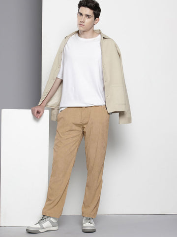 Men's Light Khaki Regular Fit Textured Casual Trouser