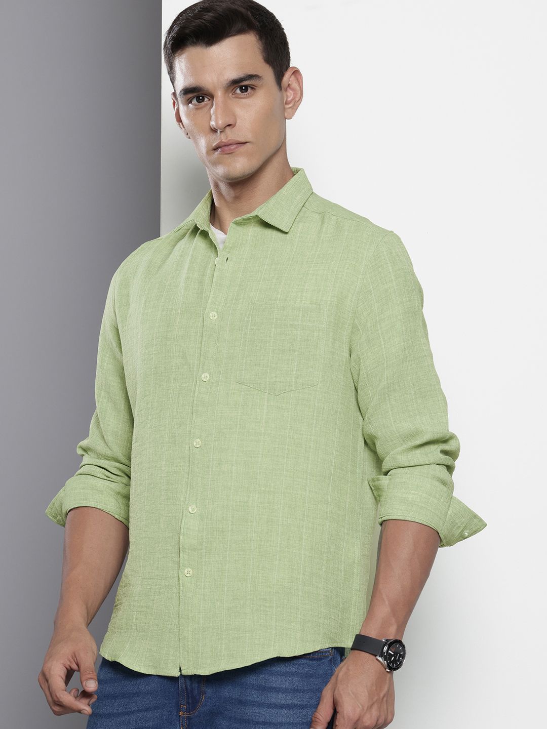 Men's Green Slim Fit Striped Casual Shirt