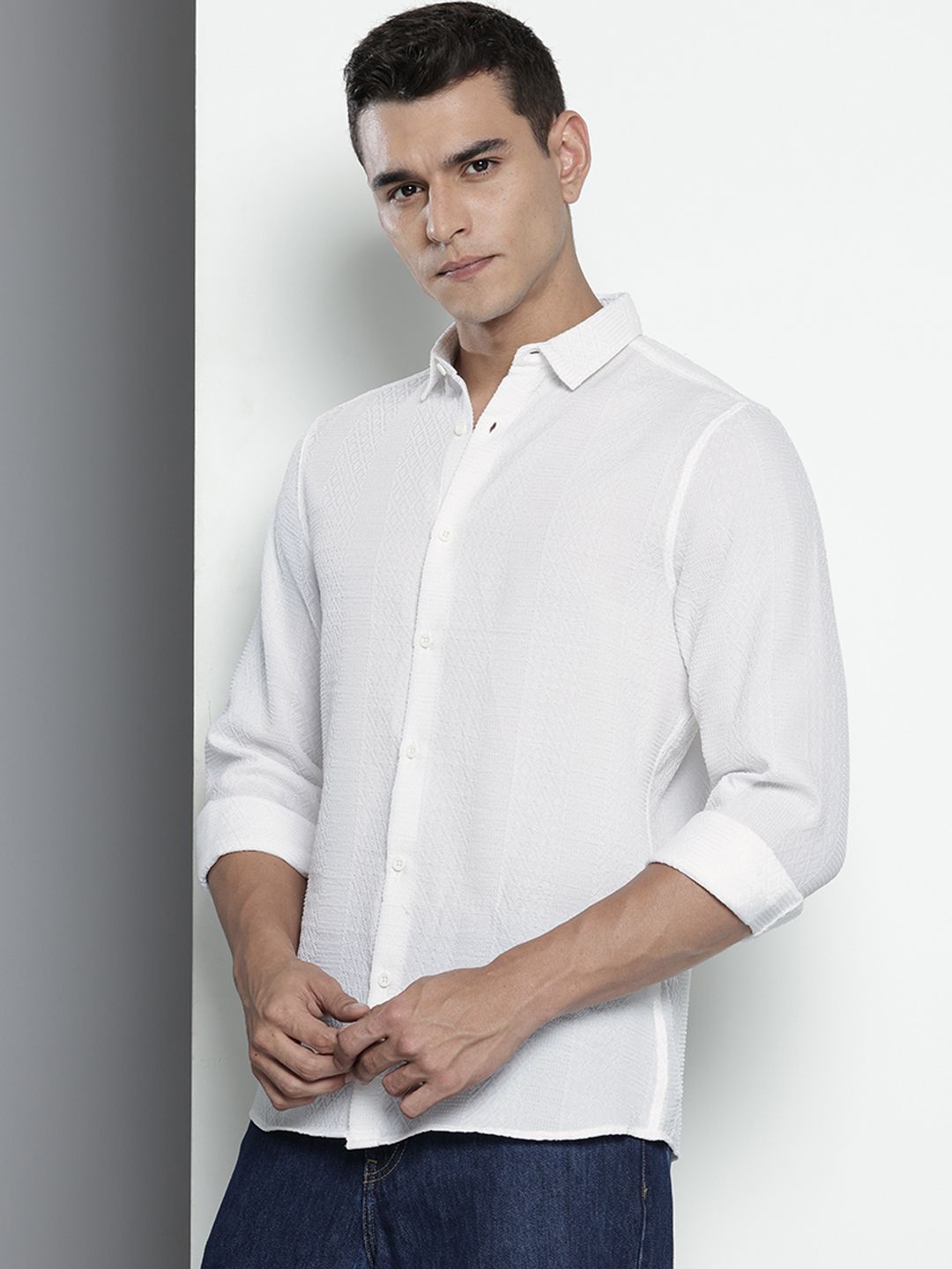 Men's White Regular Fit Solid Textured Shirt