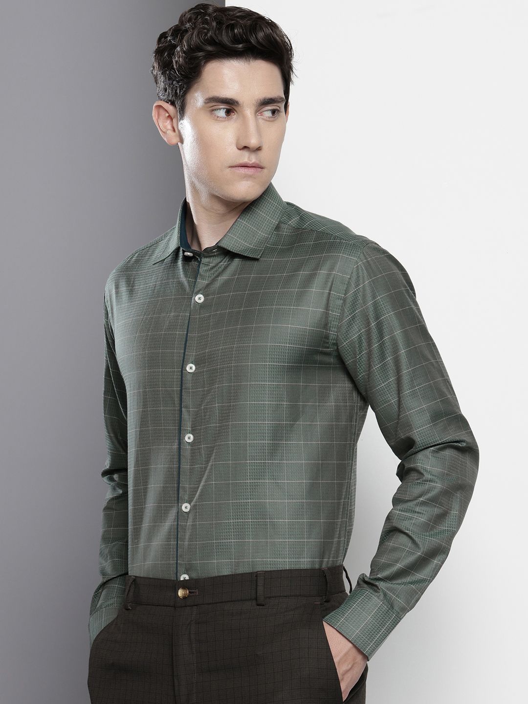 Men's Olive Slim Fit Checked Formal Shirt