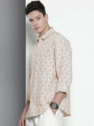 Men's Beige Relaxed Fit Printed Vintage Shirt