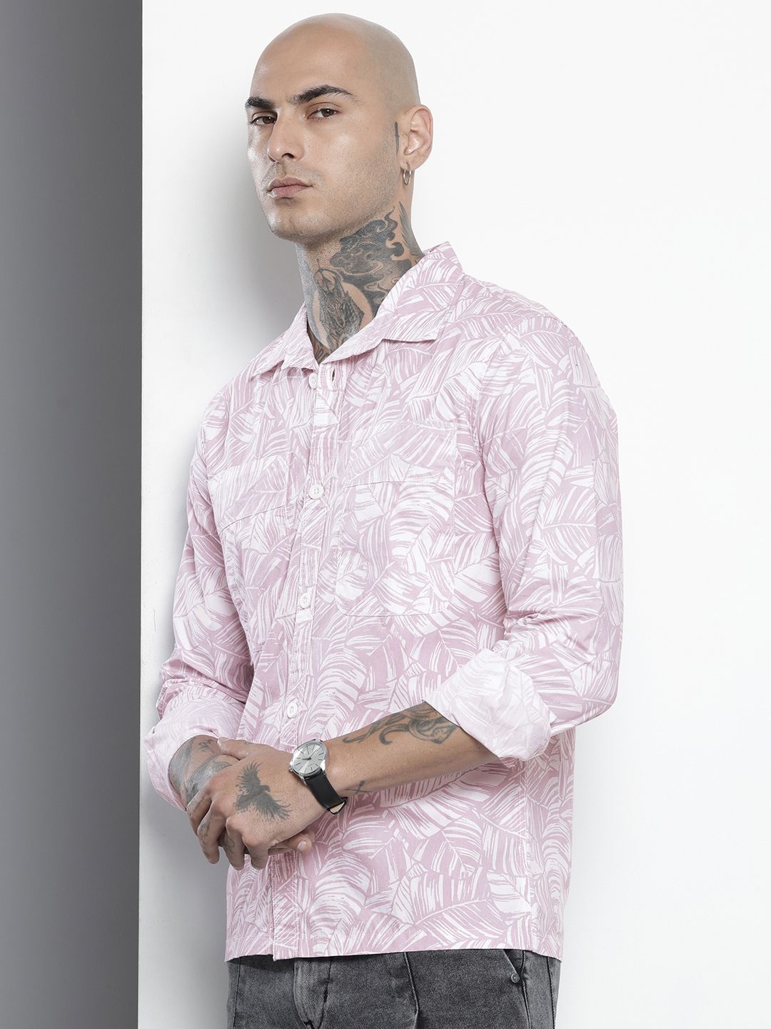 Men's Pink Regular Fit Printed Casual Shirt