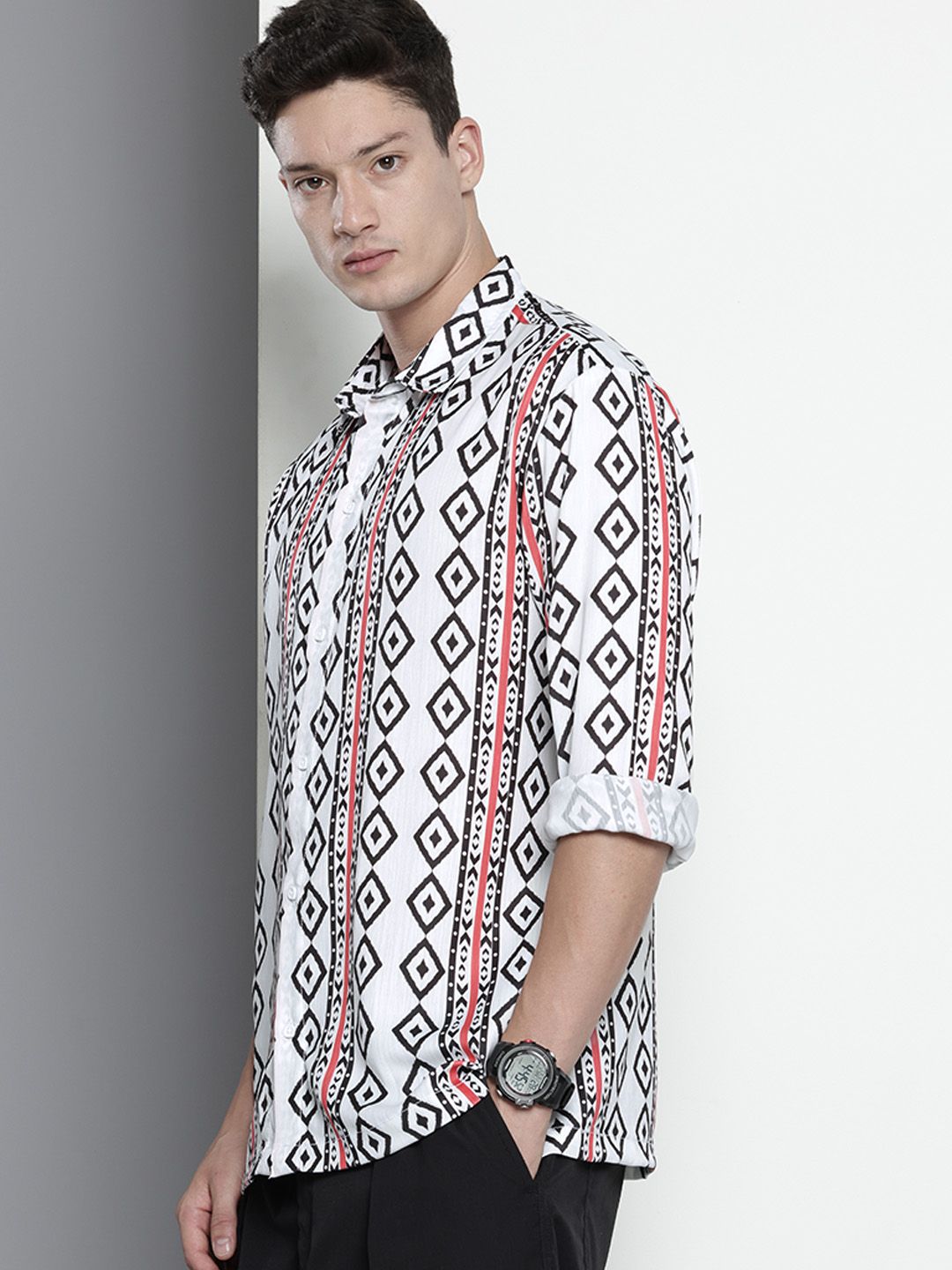 Men's White Relaxed Fit Printed Resort Wear Shirt