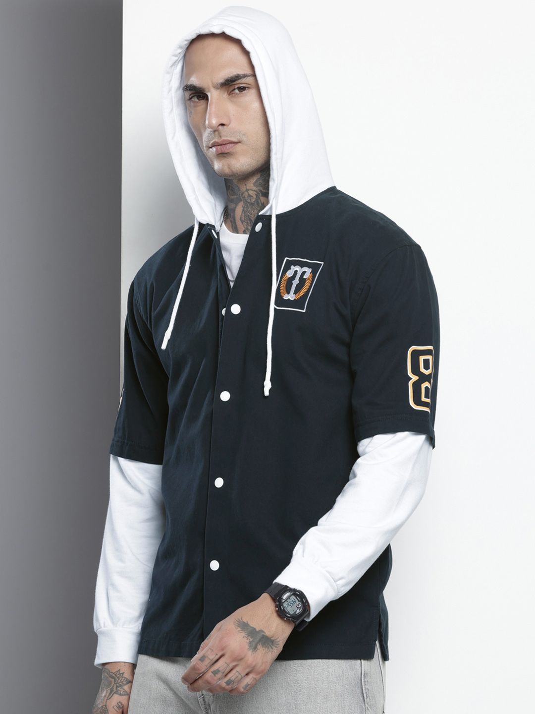 Men's Navy Blue Regular Fit Graphic Print Street Wear Overshirt