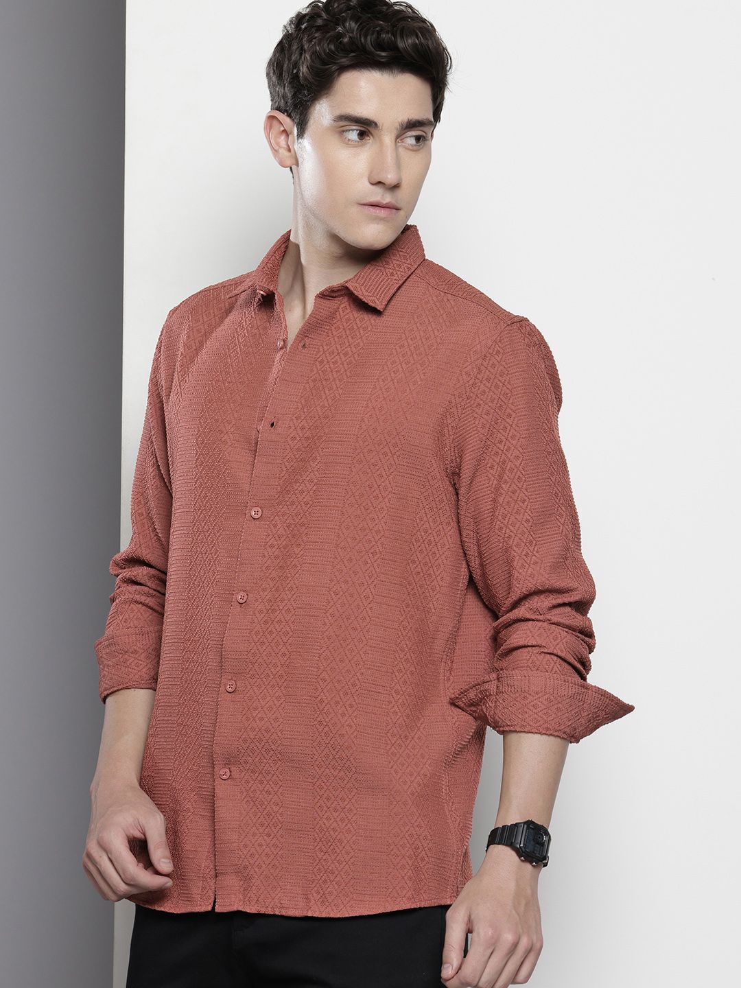 Men's Rust Regular Fit Solid Textured Shirt