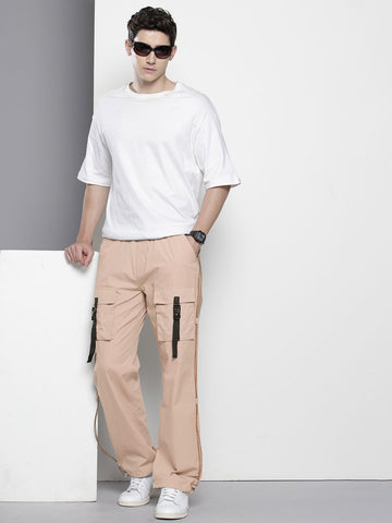 Men's Beige Relaxed Fit Solid Utility Cargo Jogger