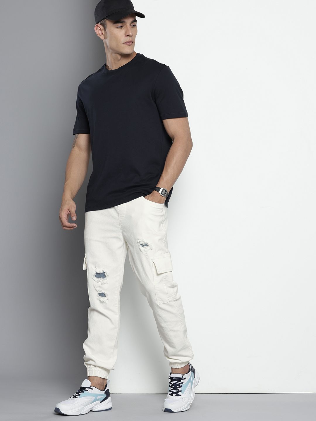 Men's White Regular Fit Solid Stretchable Denim Joggers