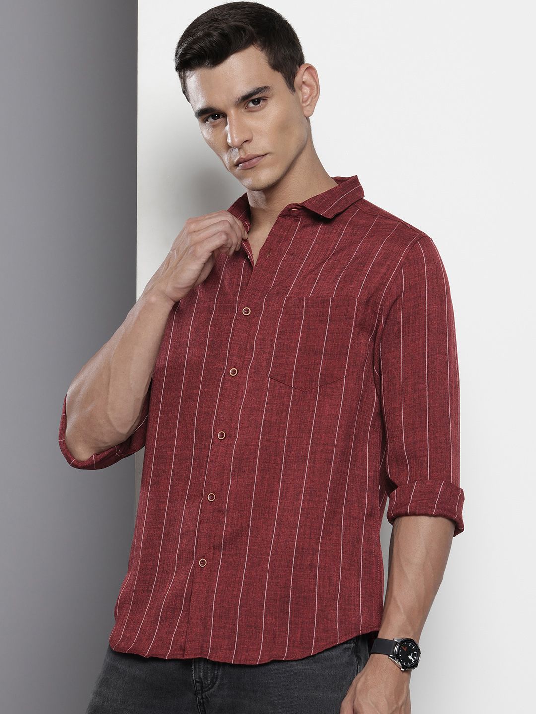 Men's Maroon Slim Fit Striped Casual Shirt