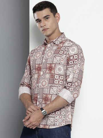 Men's Brown Regular Fit Indie Print Textured Shirt