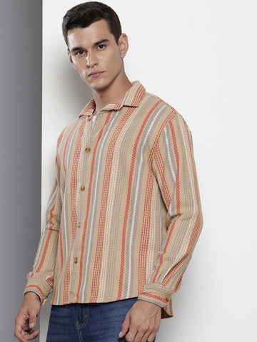 Men's Brown Relaxed Fit Striped Textured Shirt
